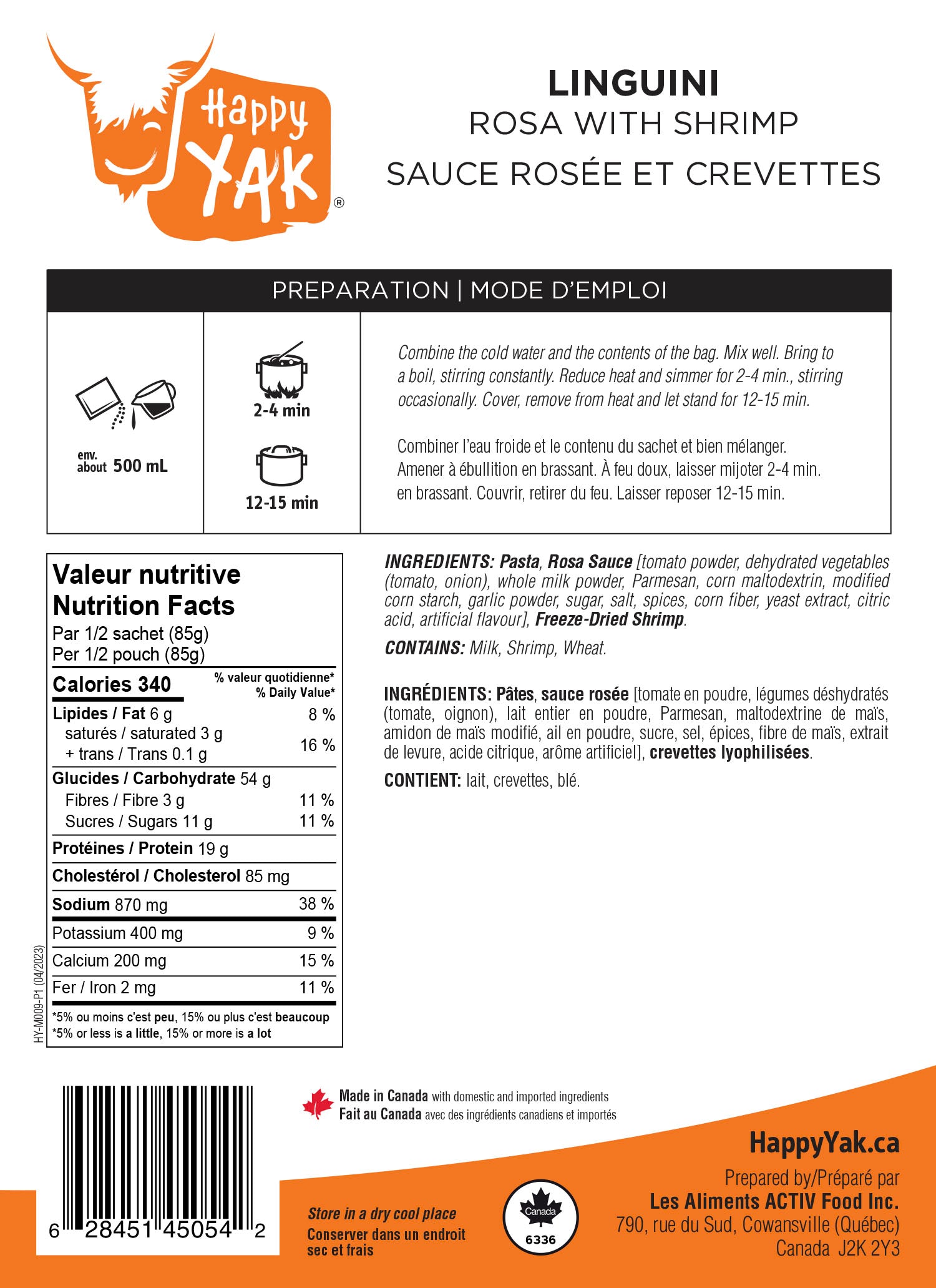 Happy Yak Linguini Sauce Rosée et Crevettes - Plein air Entrepôt