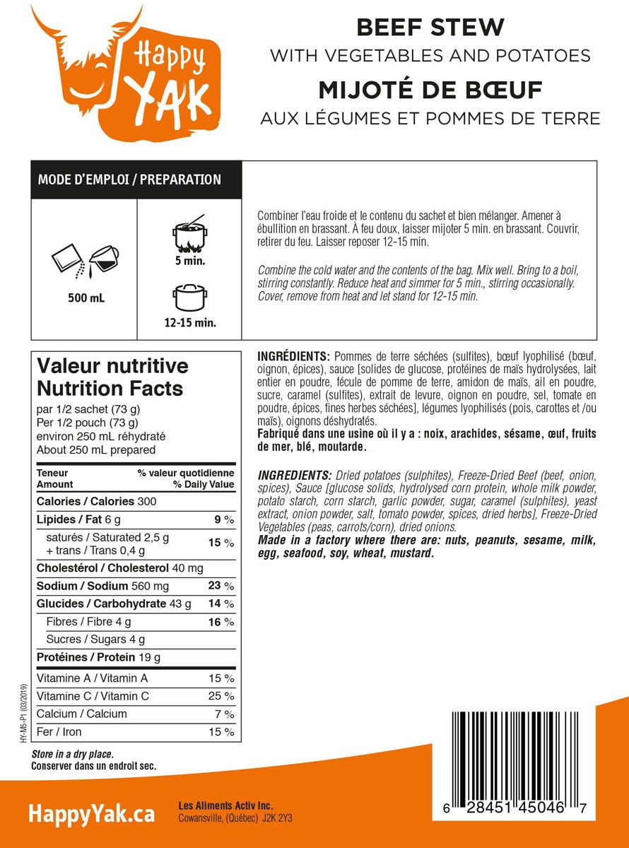 Happy Yak Mijote boeuf aux legumes et pommes de terre - Plein Air Entrepôt